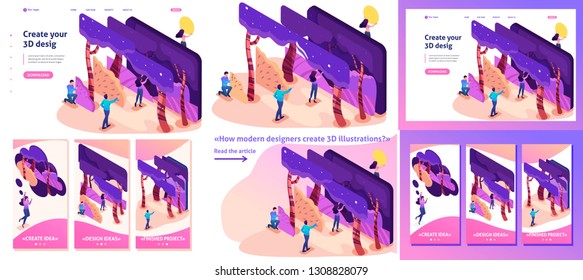 Set Template article, Landing page, app design, Isometric bright concept of a modern program for creating 3D illustrations.