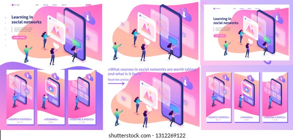 Set Template article, Landing page, app design, Isometric bright concept learning the correct profile design in social networks.
