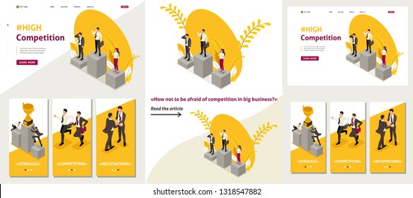 Set Template article, Landing page, app design, Isometric businessmen compete for the championship, leadership.