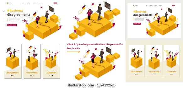 Set Template article, Landing page, app design, Isometric business partner disagreements, disputes and conflicts.