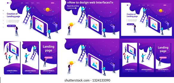 Set Template article, Landing page, app design, Isometric development and creation of a website, little men.