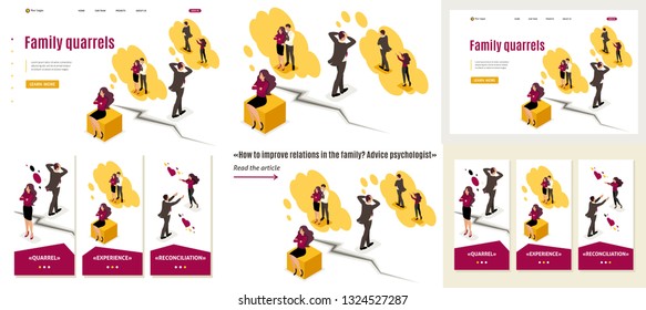 Set Template article, Landing page, app design, Isometric family disagreements and quarrels, conflict