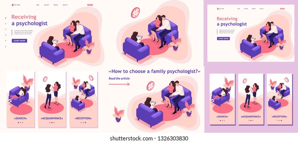 Set Template article, Landing page, app design, Isometric spouses at the reception of psychologist, conflict in the family.