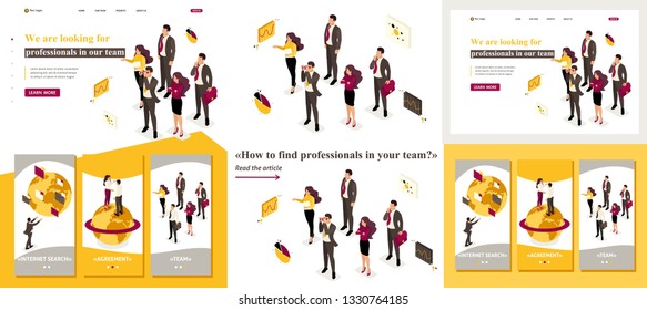 Set Template article, Landing page, app design, Isometric company employees are looking for professionals in the team