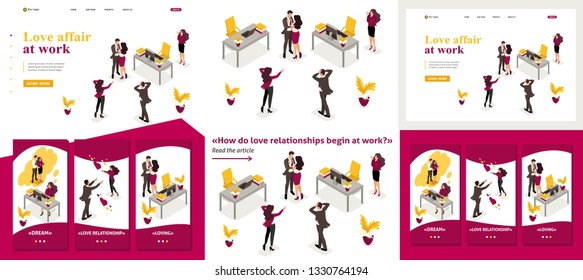 Set Template article, Landing page, app design, Isometric love affair at work, colleagues shocked love colleagues