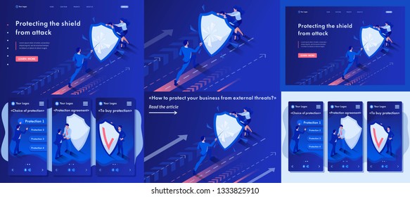 Set Template article, Landing page, app design, Isometric businessmen hiding behind a shield from attack.