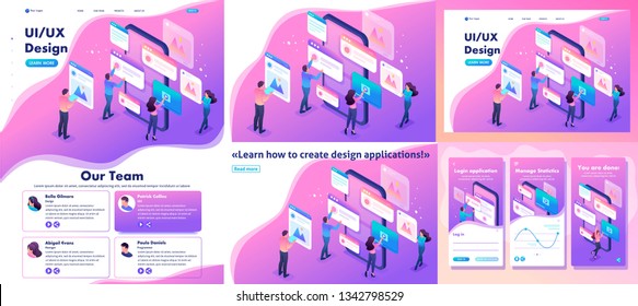 Set Template article, Landing page, app design, Isometric bright concept the process of creating an application design, UI UX.