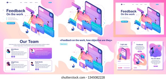 Set Template article, Landing page, app design, Isometric bright concept users write comments, recall and feedback about services.