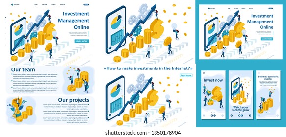 Set Template article, Landing page, app design, Isometric Managing online investing, investors analyze the market