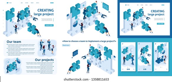 Set Template article, Landing page, app design, Isometric young entrepreneurs team working on the creation of the project-01.