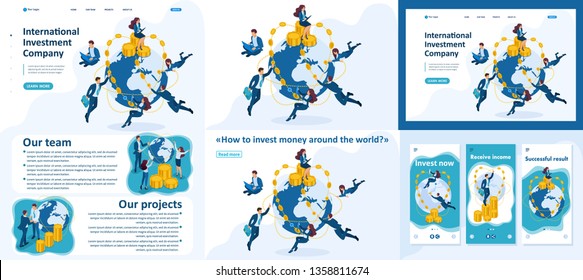 Set Template article, Landing page, app design, Isometric international investment company, businessmen fly around the world.