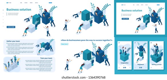 Set Template article, Landing page, app design, Isometric Employees working together to create a business solution.