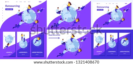 Set Template article, Landing page, app design, Isometric hiring remote workers for the project, cooperation through the Internet.