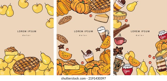 Vorlagensatz mit Herbstfutter. Poster, Speisekarte mit Kürbis, Apfelkuchen, Konfitüre, Tee, Tasse Kaffee, Gewürze, Latte, Dessert, Zitronentart, Birne, Kekse, Zimt, Käsekuchen, Anise auf beigem Hintergrund