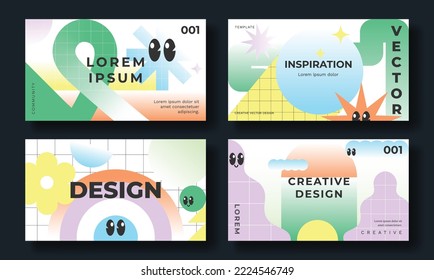 Set of template background design vector. Collection of creative vibrant abstract gradient dynamic shapes, face, eyes, retro, groovy style. Art design for business card, cover, banner, wallpaper.