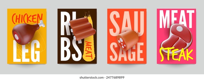 Set of template for banner, card, cover, poster with bbq meat food in modern bright style. Fashion creative composition for cafe, restaurant. Vector illustration.