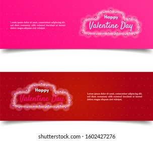 set of template banner greeting happy valentine day with lamp glowing in red and pink