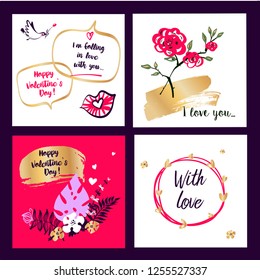 Set template banner, poster, flyer with freehand drawn image rose flower, bird, heart for wedding, love story party. Text With Love. Happy valentine day 14 february. Vector illustration.