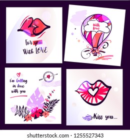 Set template banner, poster, flyer with freehand drawn image balloon, flower, kiss heart for wedding, love story party. Text Kiss you. Happy valentine day 14 february. Vector illustration.