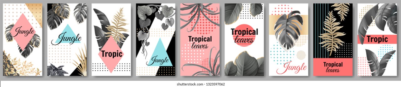 Set template banners dark and gold leaves of tropical exotic plants. Flyers jungle with palm trees and lianas. Vector 3d illustration with space for text.