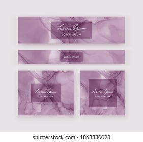 Set template banners with pink alcohol ink watercolor texture