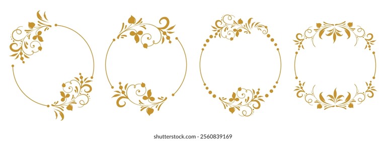 Set of template Beautiful floral round frames with vignettes. Slavic old Russian patterns. Design of wedding invitations, anniversaries, congratulations. Vector isolated border.