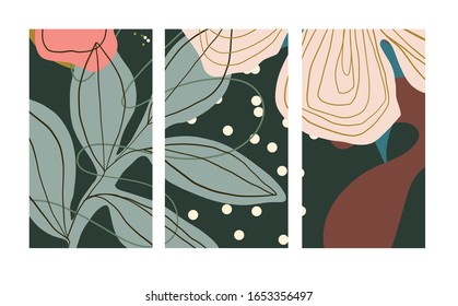 Set of template in a botanical style. with flowers. Abstract background for social media, summer or spring promotion flyer, trendy composition