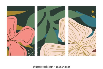 Set of template in a botanical style with flowers. Abstract background for social media, summer or spring promotion flyer, trendy composition