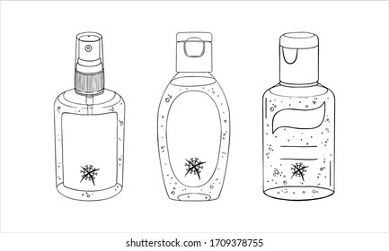 Set template bottle gel antiseptic hands. Personal hygiene product. Sanitizer dispenser disinfects, protects coronavirus bacteria. Vector isolated doodle realistic black outline white background icon.