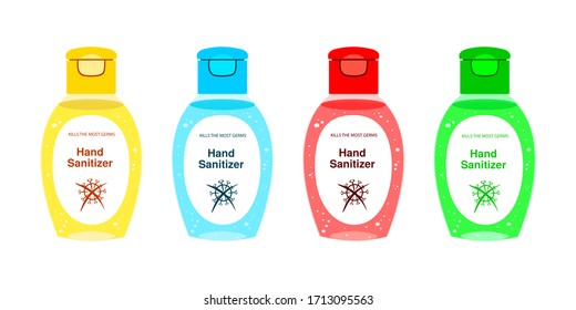 Set template bottle gel antiseptic hand. Personal hygiene product. Sanitizer dispenser disinfects protect from coronavirus bacteria. Color vector isolated flat realistic black outline white background