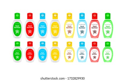 Set template bottle gel antiseptic hand. Personal hygiene product. Sanitizer dispenser disinfects protect from coronavirus bacteria. Color vector isolated flat realistic white background.