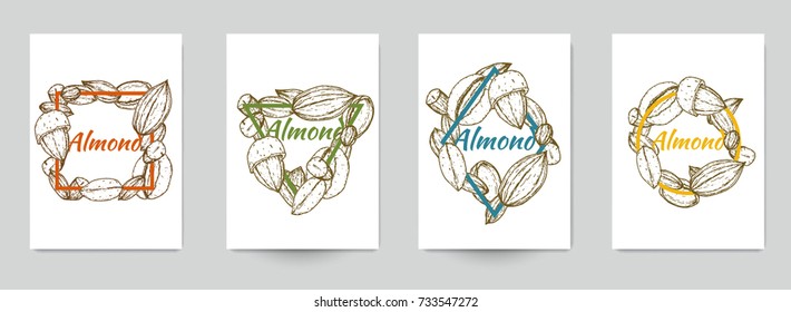 Set of template for branding, cover package, identity, banner, promote, card, label with almonds in retro vintage hand drawn, sketches, engraved style. Modern background. Vector illustration.