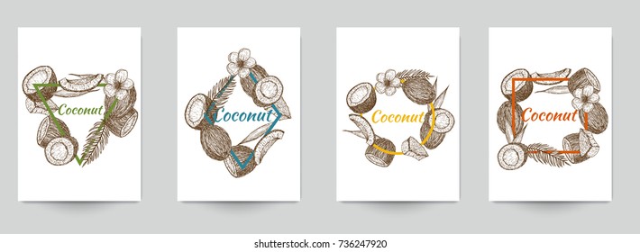 Set of template for branding, cover package, identity, banner, promote, card, label with coconut in retro vintage hand drawn, sketches, engraved style. Modern background. Vector illustration.
