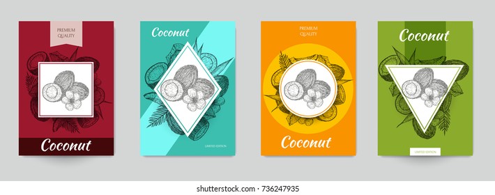 Set of template for branding, cover package, identity, banner, promote, card, label with coconut in retro vintage hand drawn, sketches, engraved style. Modern background. Vector illustration.