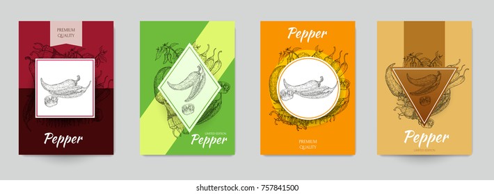 Set of template for branding, cover package, identity, banner, promote, card, label with chili peppers in retro vintage hand drawn, sketches, engraved style. Modern background. Vector illustration.