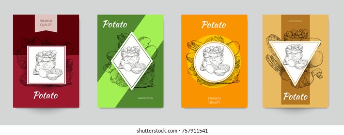 Set of template for branding, cover package, identity, banner, promote, card, label with potatos in retro vintage hand drawn, sketches, engraved style. Modern background. Vector illustration.