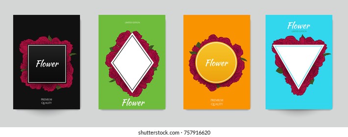 Set of template for branding, cover package, identity, banner, promote, card, label with red roses in retro vintage hand drawn, sketches, engraved style. Modern background. Vector illustration.