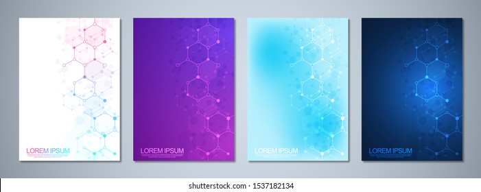 Set Of Template Brochure Or Cover Book, Page Layout, Flyer Design With Molecular Structures Background And Chemical Engineering. Concept And Idea For Innovation Technology And Science.