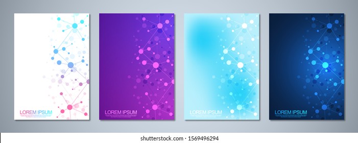 Set of template brochure or cover book, page layout, flyer design with abstract background of molecular structures and DNA strand. Concept and idea for innovation technology, medical research, science