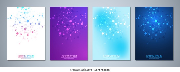 Set of template brochure or cover book, page layout, flyer design with abstract background of molecular structures and DNA strand. Concept and idea for innovation technology, medical research, science