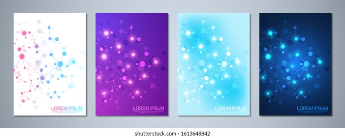 Set of template brochure or cover book, page layout, flyer design with abstract background of molecular structures and DNA strand. Concept and idea for innovation technology, medical research, science