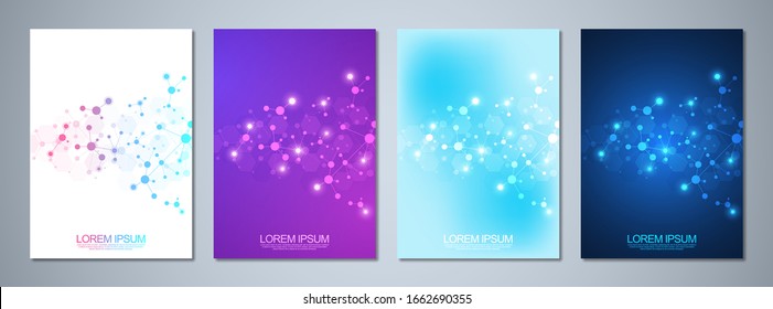 Set of template brochure or cover book, page layout, flyer design with abstract background of molecular structures and DNA strand. Concept and idea for innovation technology, medical research, science