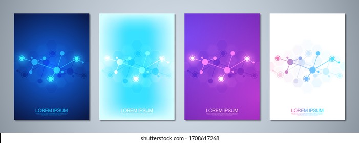 Conjunto de folletos de plantilla o portada, diseño de página, diseño de volante con fondo abstracto de estructuras moleculares y hebras de ADN. Concepto e idea de la tecnología de la innovación, la investigación médica, la ciencia