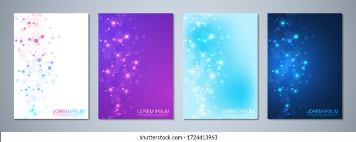 Set of template brochure or cover book, page layout, flyer design with abstract background of molecular structures and DNA strand. Concept and idea for innovation technology, medical research, science