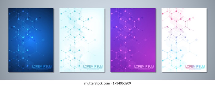 Set of template brochure or cover book, page layout, flyer design with molecular structures background and chemical engineering. Concept and idea for innovation technology and science.