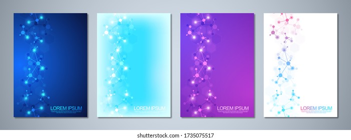 Set of template brochure or cover book, page layout, flyer design with abstract background of molecular structures and DNA strand. Concept and idea for innovation technology, medical research, science