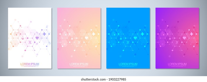 Set von Vorlagenbroschüre oder Cover-Buch, Seitenlayout, Flyer-Design. Konzept und Idee für das Gesundheitswesen, Innovationsmedizin, Pharmazie, Technologie. Medizinischer Hintergrund mit flachen Symbolen und Symbolen