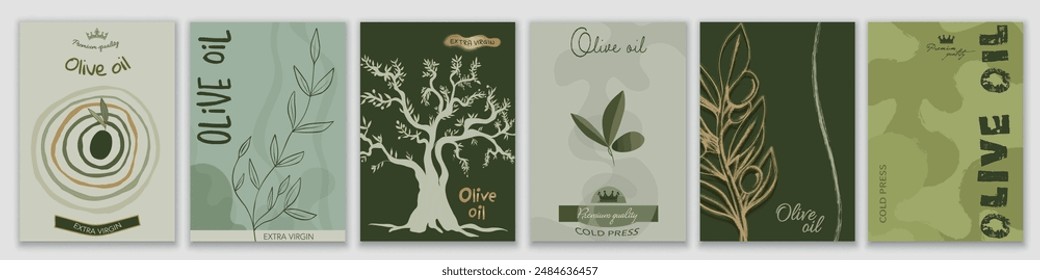 Set - template brochure cover poster or leaflet of Vegetable Olive Oil. Modern trendy graphic design with olives leaves tree and olive twigs. Editable vector