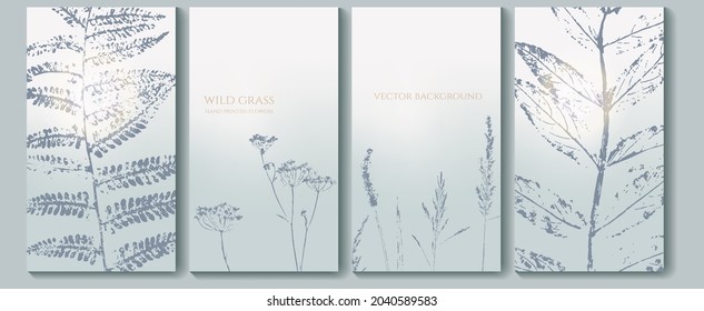 set of template brochure «foggy landscape  morning with hand painted wild herbs and flowers»