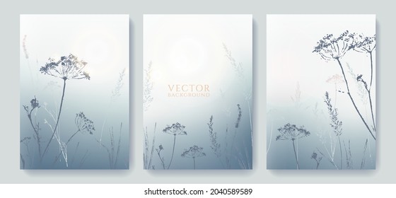 set of template brochure «foggy landscape  morning with hand painted wild herbs and flowers»